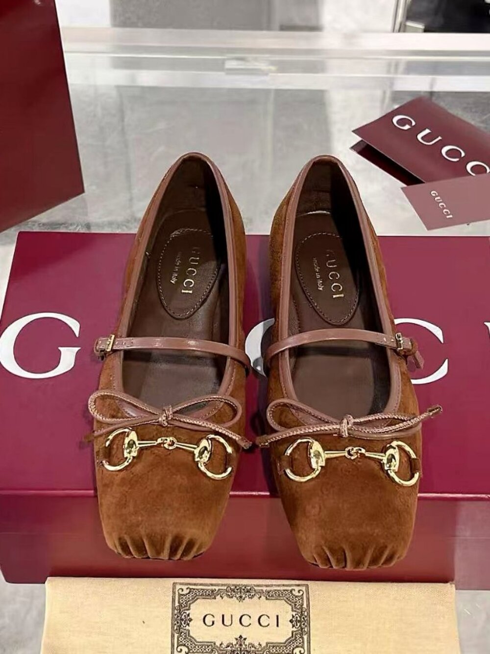 Gucci Brown Suede Horsebit Buckle Bow Mary Jane Ballet Flats